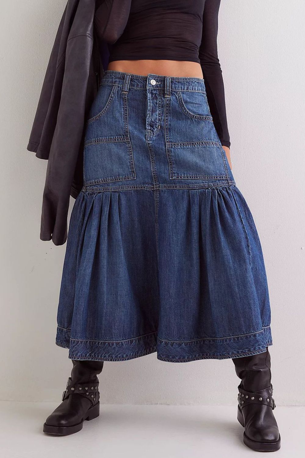 Midi Denim Skirt with Pockets Dark