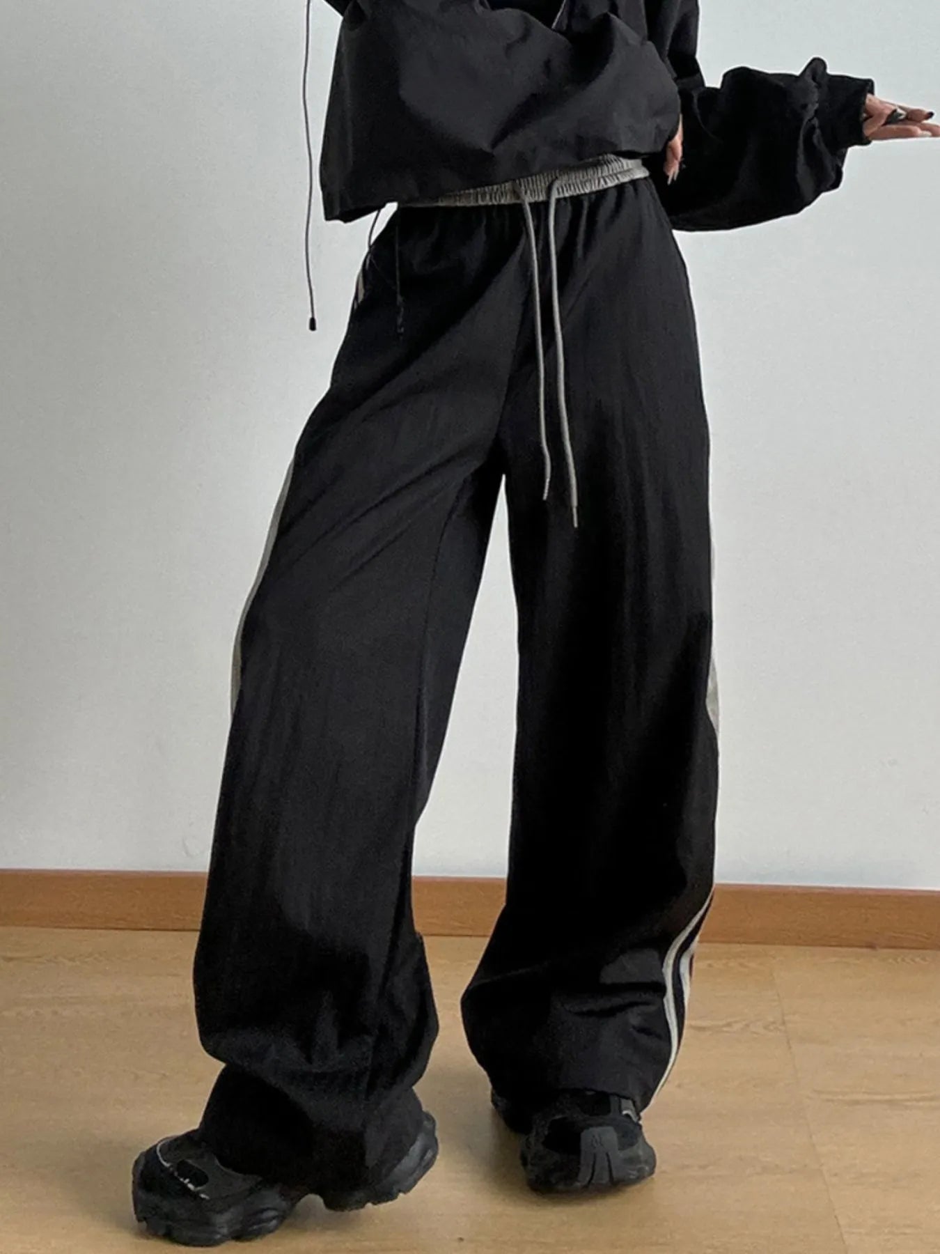 Striped Wide Leg Drawstring Pants Black