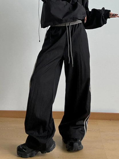 Striped Wide Leg Drawstring Pants Black