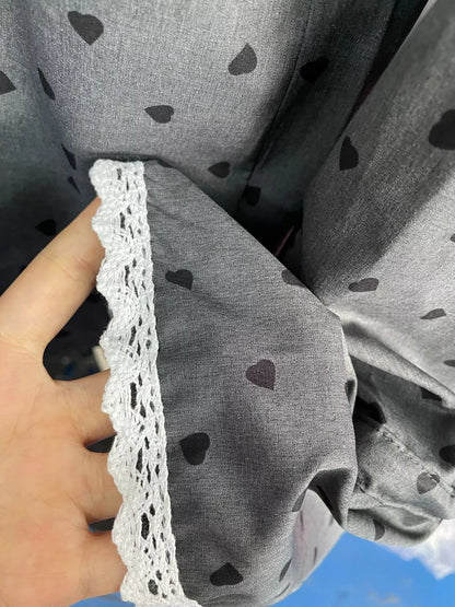 Heart Print Button Up Flounce Sleeve Shirt