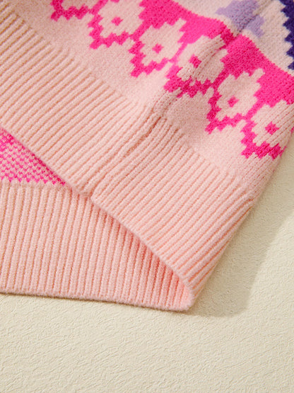 Multicolour Ethnic Christmas Pattern Knit Feather Cuffed Sweater