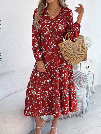 Floral Print Long Sleeve V-Neck Midi Dress
