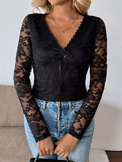 Lace V-Neck Long Sleeve Top Black