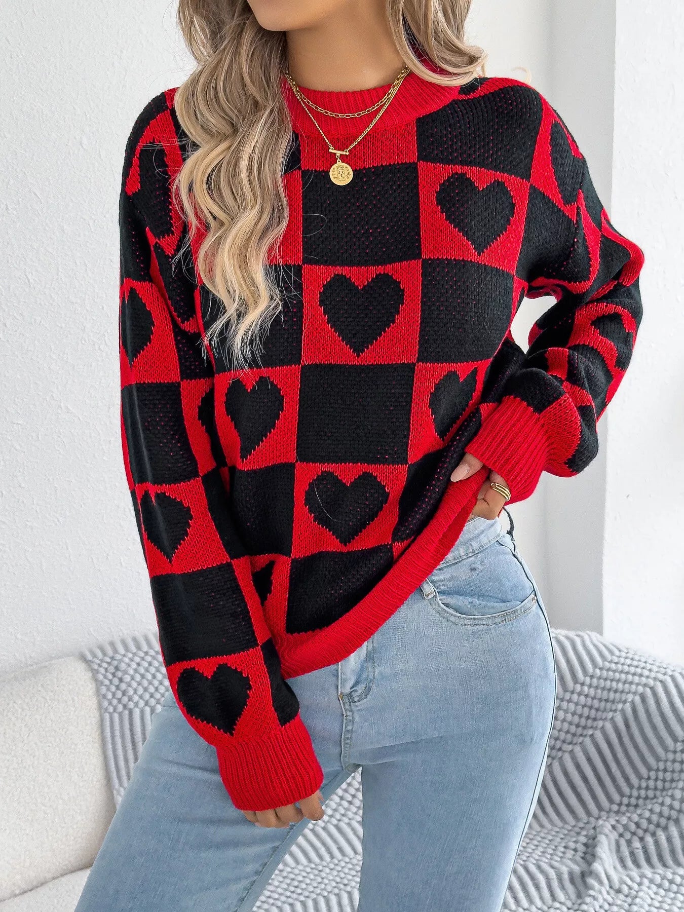Heart Checkerboard Pattern Round Neck Sweater