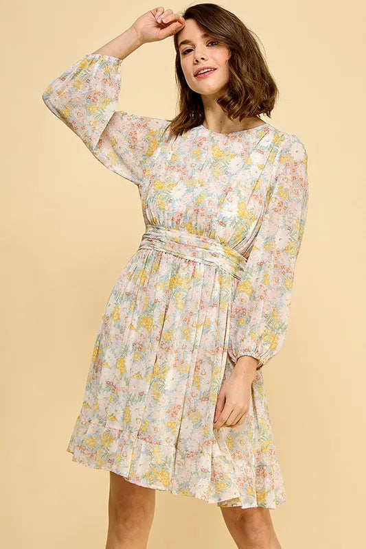 Lime 'N' Chili Chiffon Floral Print Belted Dress with Back Zipper BLUE FLORAL