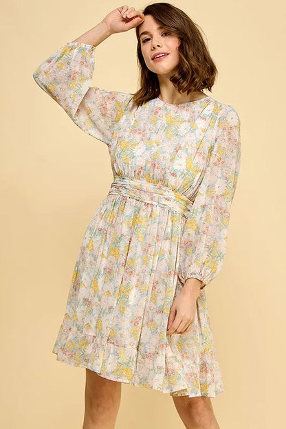 Lime 'N' Chili Chiffon Floral Print Belted Dress with Back Zipper BLUE FLORAL