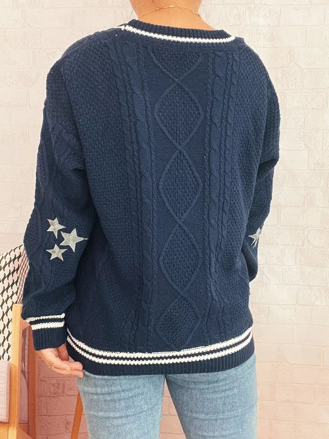 Star Pattern Button-Up Cardigan with Contrast Trim
