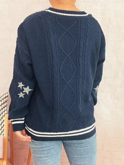 Star Pattern Button-Up Cardigan with Contrast Trim