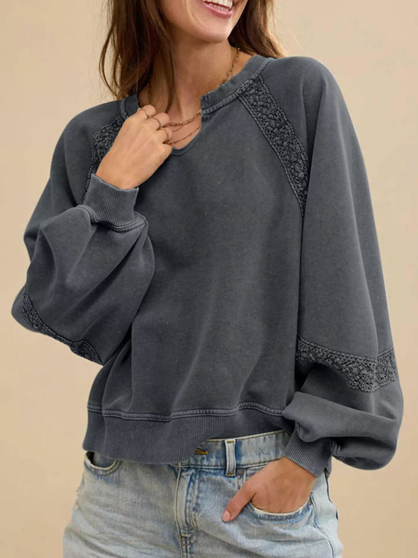 Lace Detail Notched Long Sleeve Sweatshirt Gray