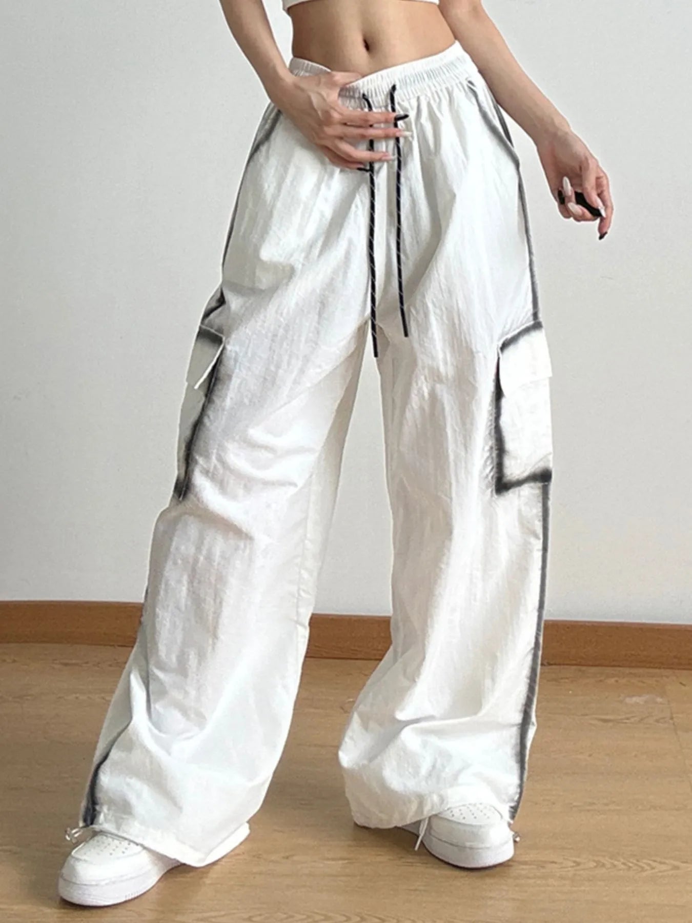 Drawstring Wide Leg Pants White
