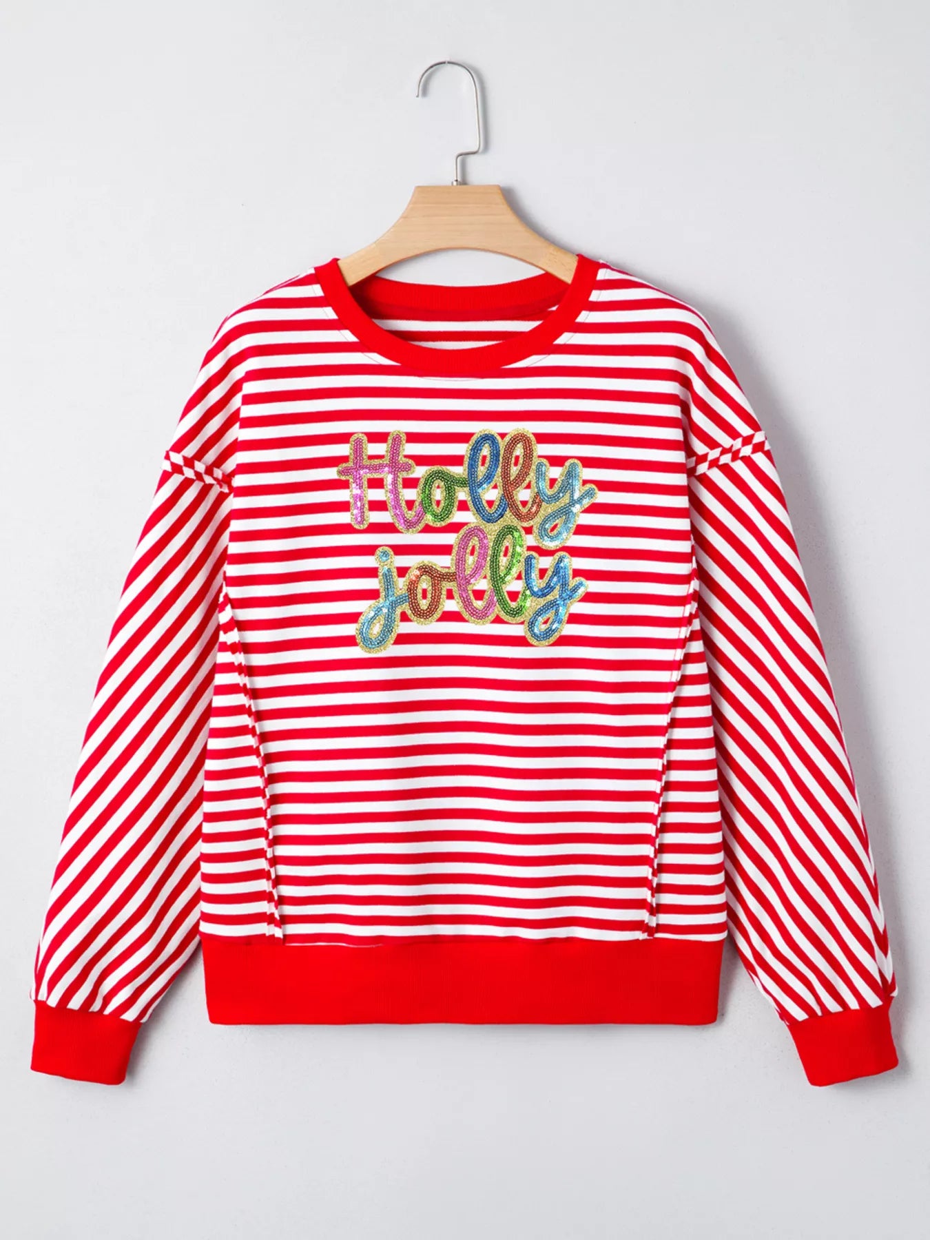 Stripe Holly Jolly Sequin Graphic Drop Shoulder Long Sleeve Top
