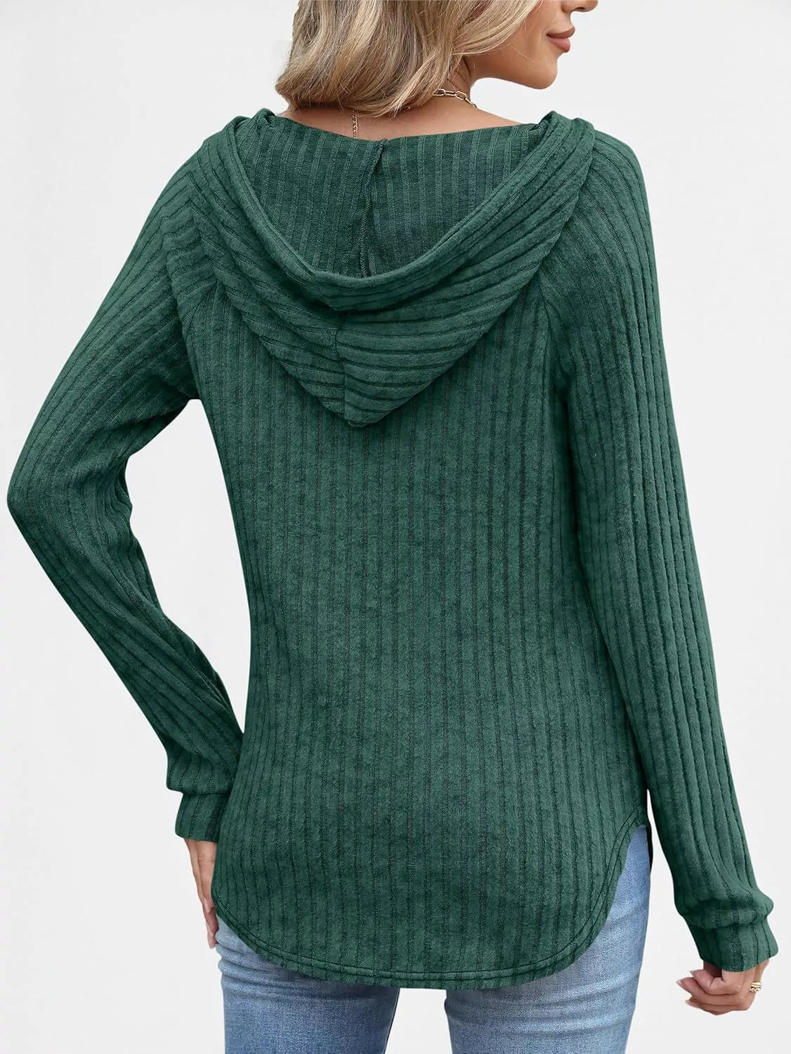 Full Size Ribbed Knit Button Detail Hooded Top Plus Size