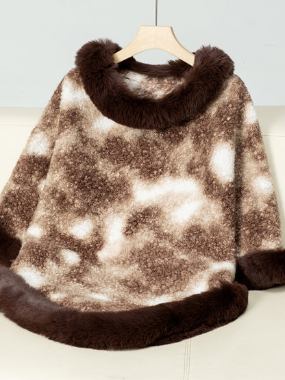 Furry Contrast Three-Quarter Poncho Chocolate One Size