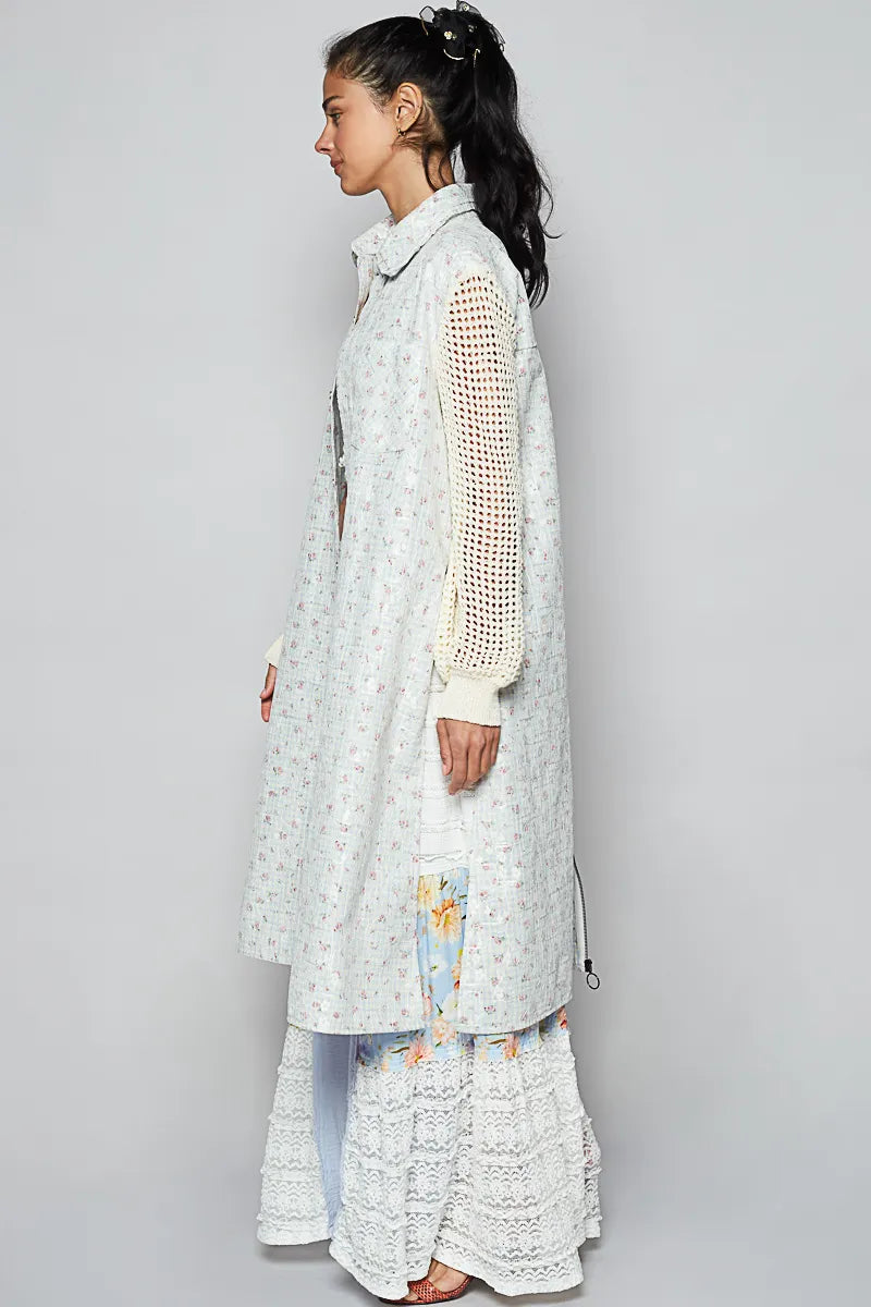 POL Printed Lace Longline Shacket with Back Open Zipper