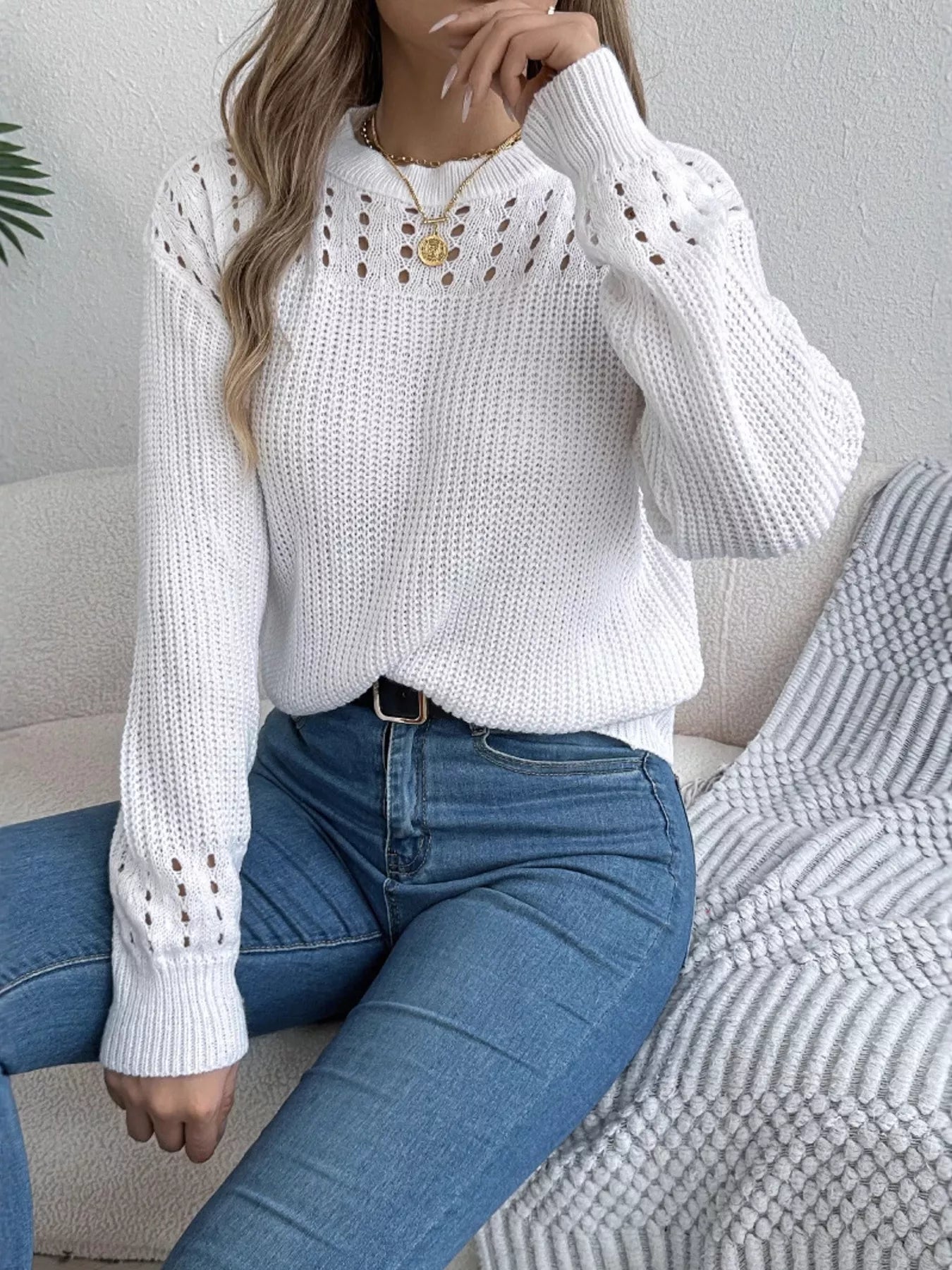Openwork Round Neck Long Sleeve Sweater White