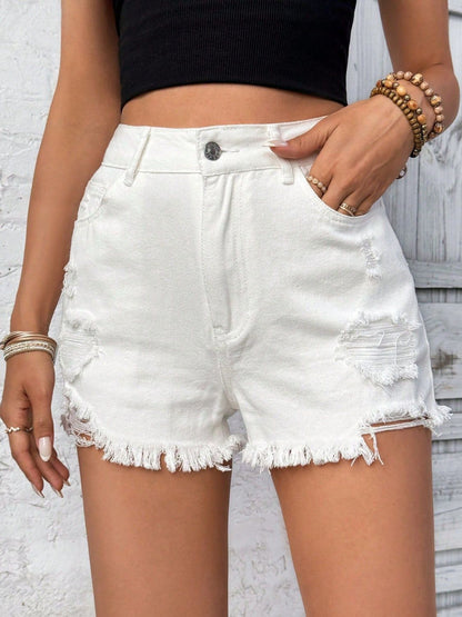 Distressed Raw Hem High Rise Denim Shorts White