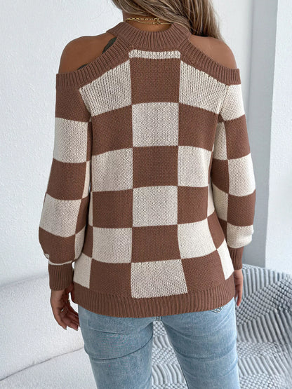 Cold Shoulder Checkered Long Sleeve Sweater