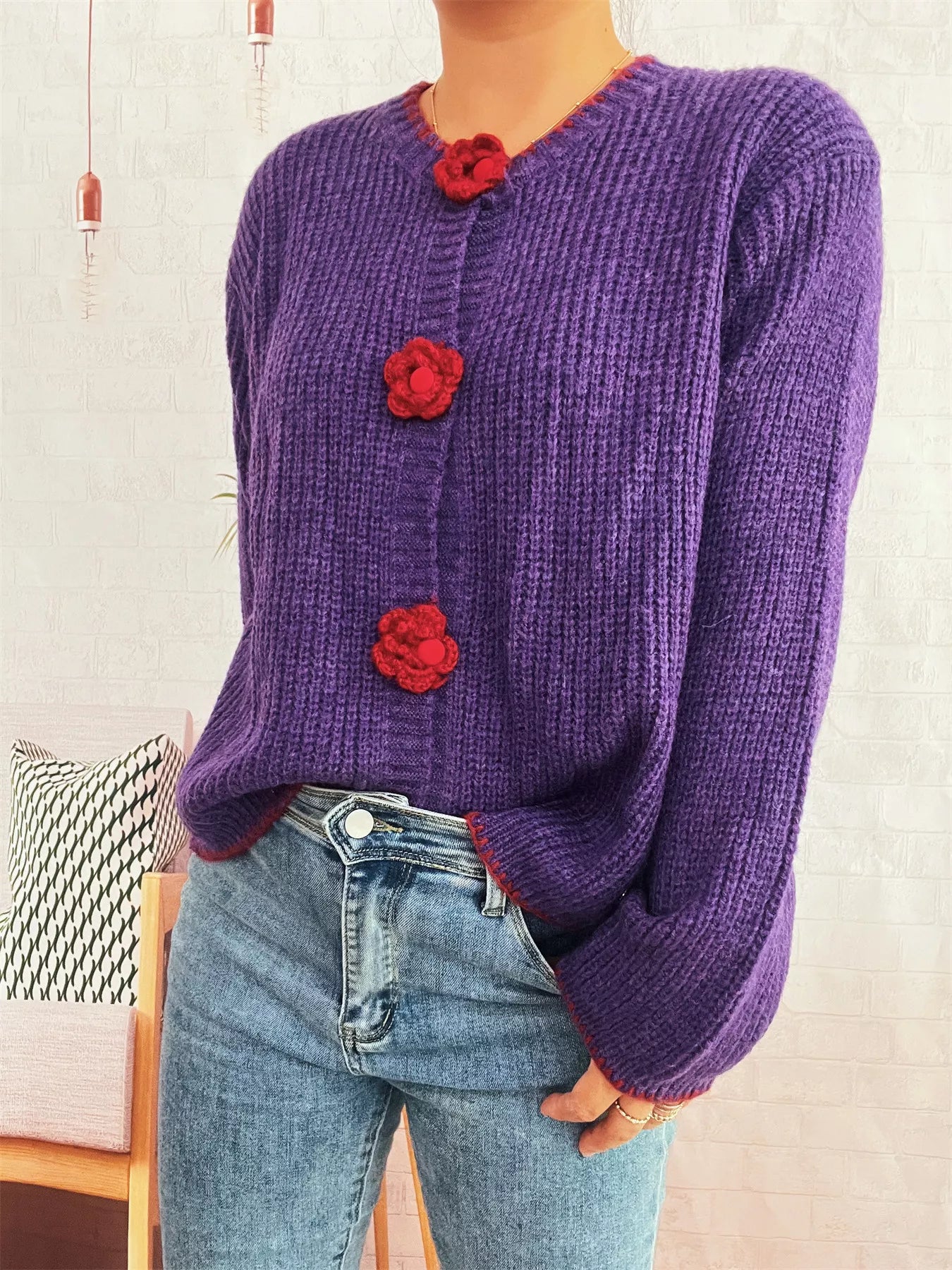 Flower Button Long Sleeve Cardigan