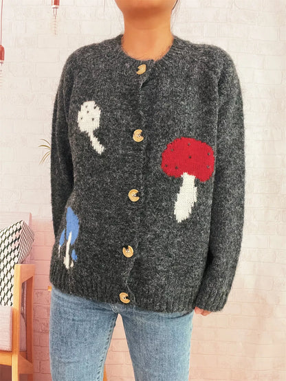 Mushroom Pattern Button-Up Cozy Knit Cardigan Dark Gray One Size