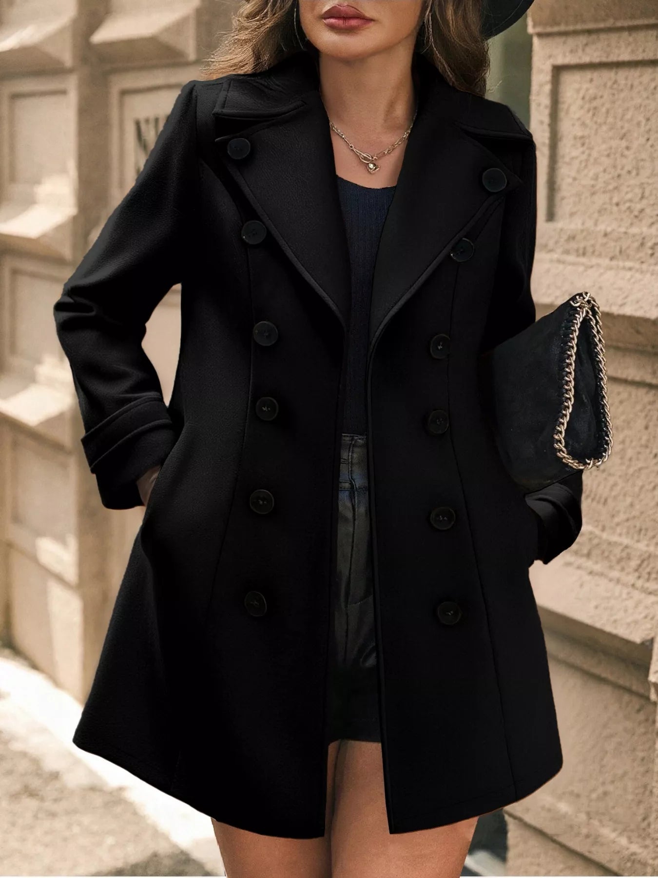 Double-Breasted Wool Blend Overcoat Black