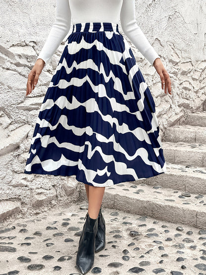 Pleated Printed Elastic Waist Skirt Dark Blue