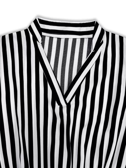 Striped Notched Long Sleeve Midi Dress