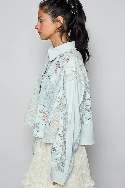 POL Floral Long Sleeve Shirt with Lace Panel Details