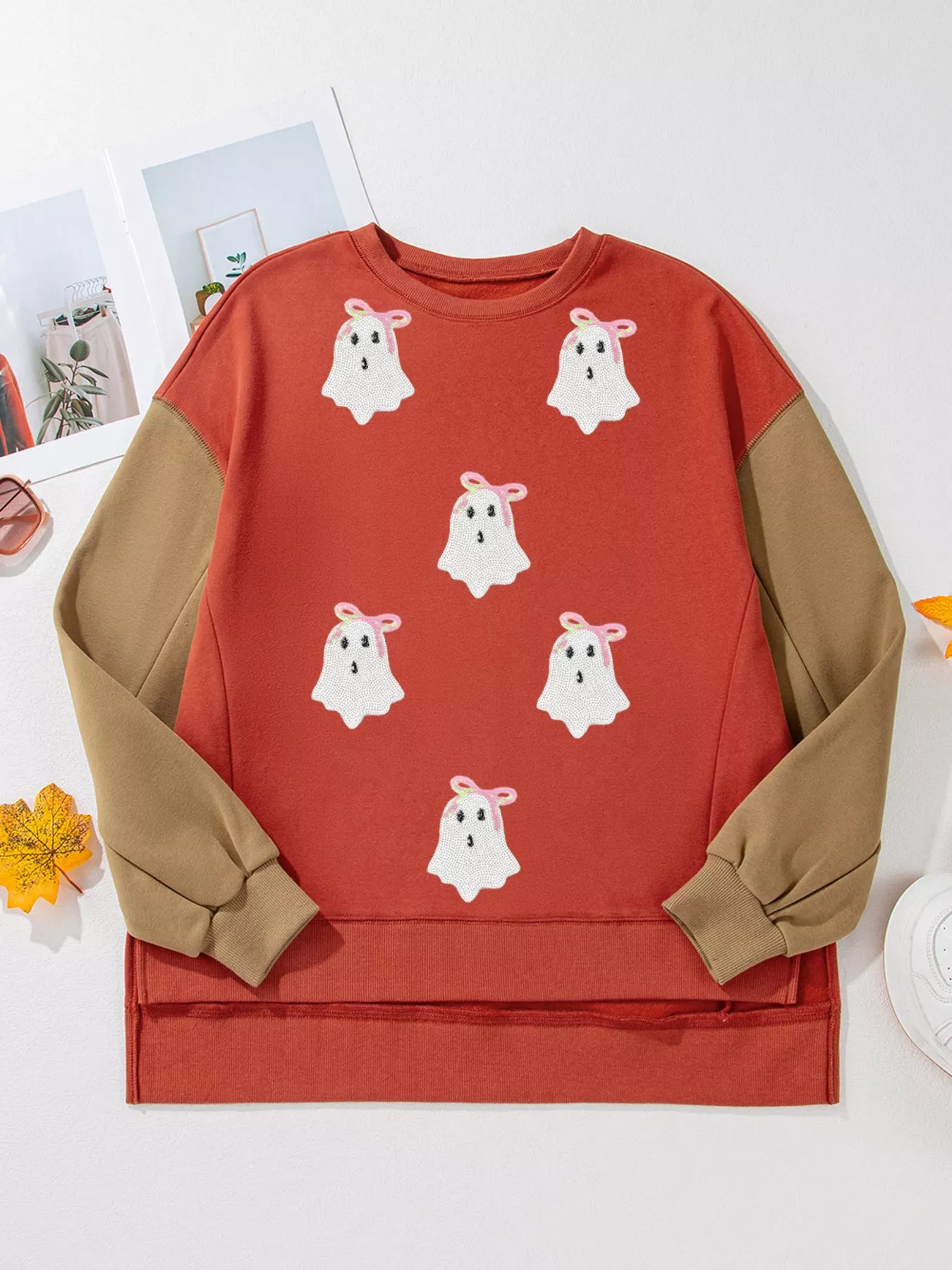 Halloween Glitter Ghost Patched Pattern Color Block Sweatshirt