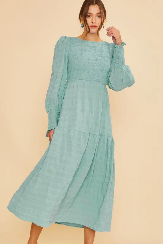 Annie Wear Textured Smocking Bodice Tiered Midi Dress BT TEAL