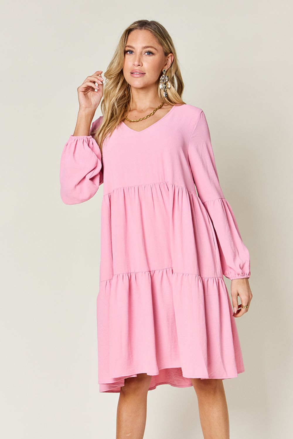 V-Neck Balloon Sleeve Tiered Boho Midi Dress Carnation Pink