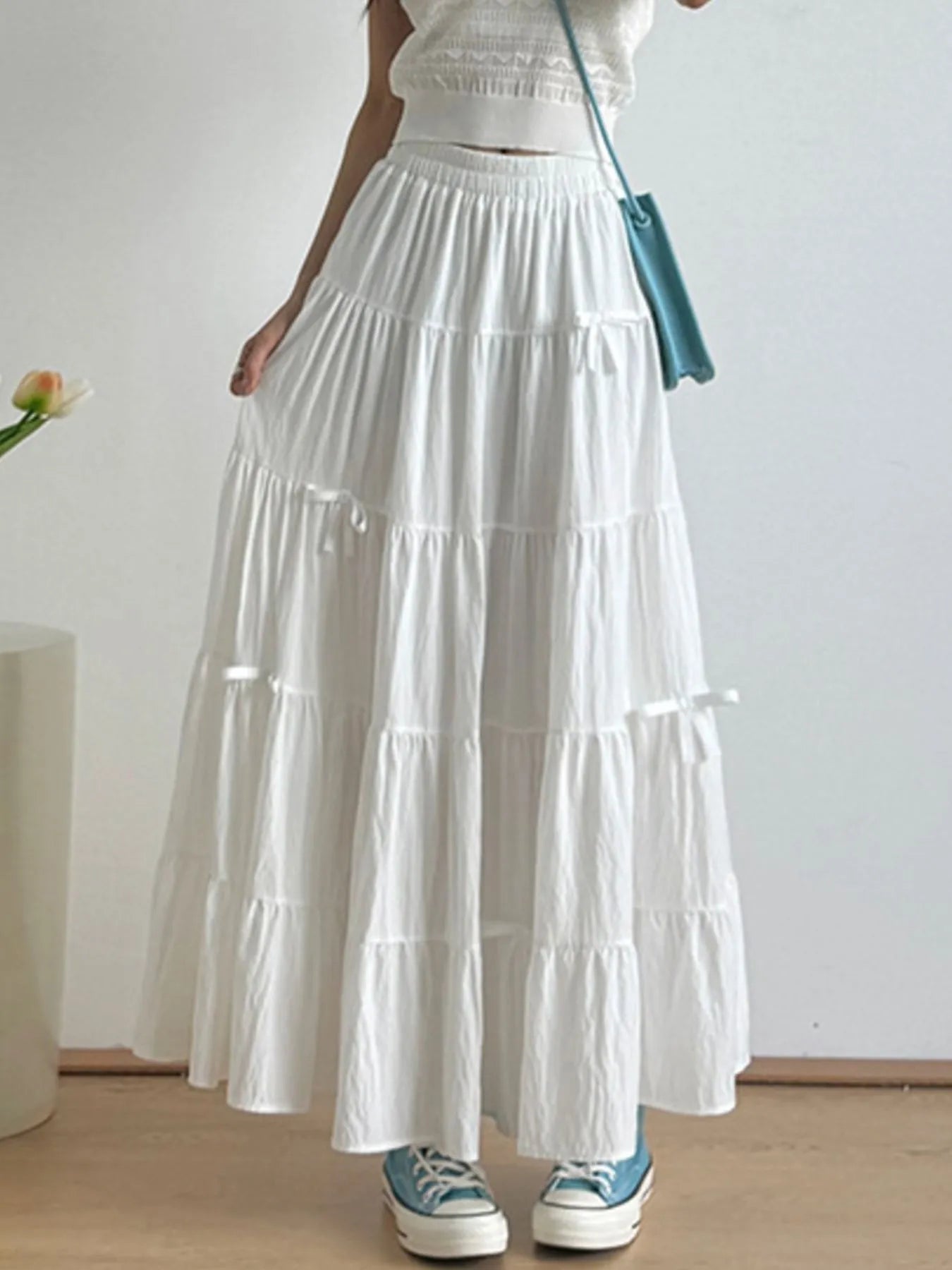 Tiered Elastic Waist Maxi Skirt White