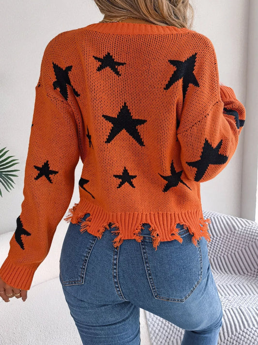 Star Pattern V-Neck Distressed Sweater