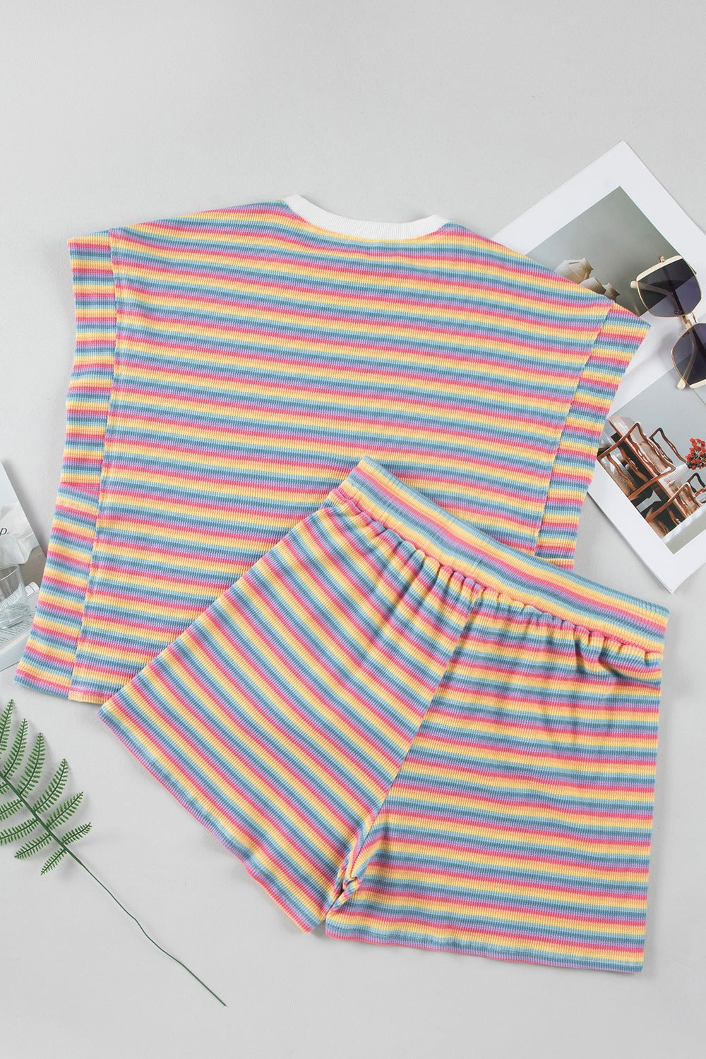 Striped Round Neck Top and Shorts Set