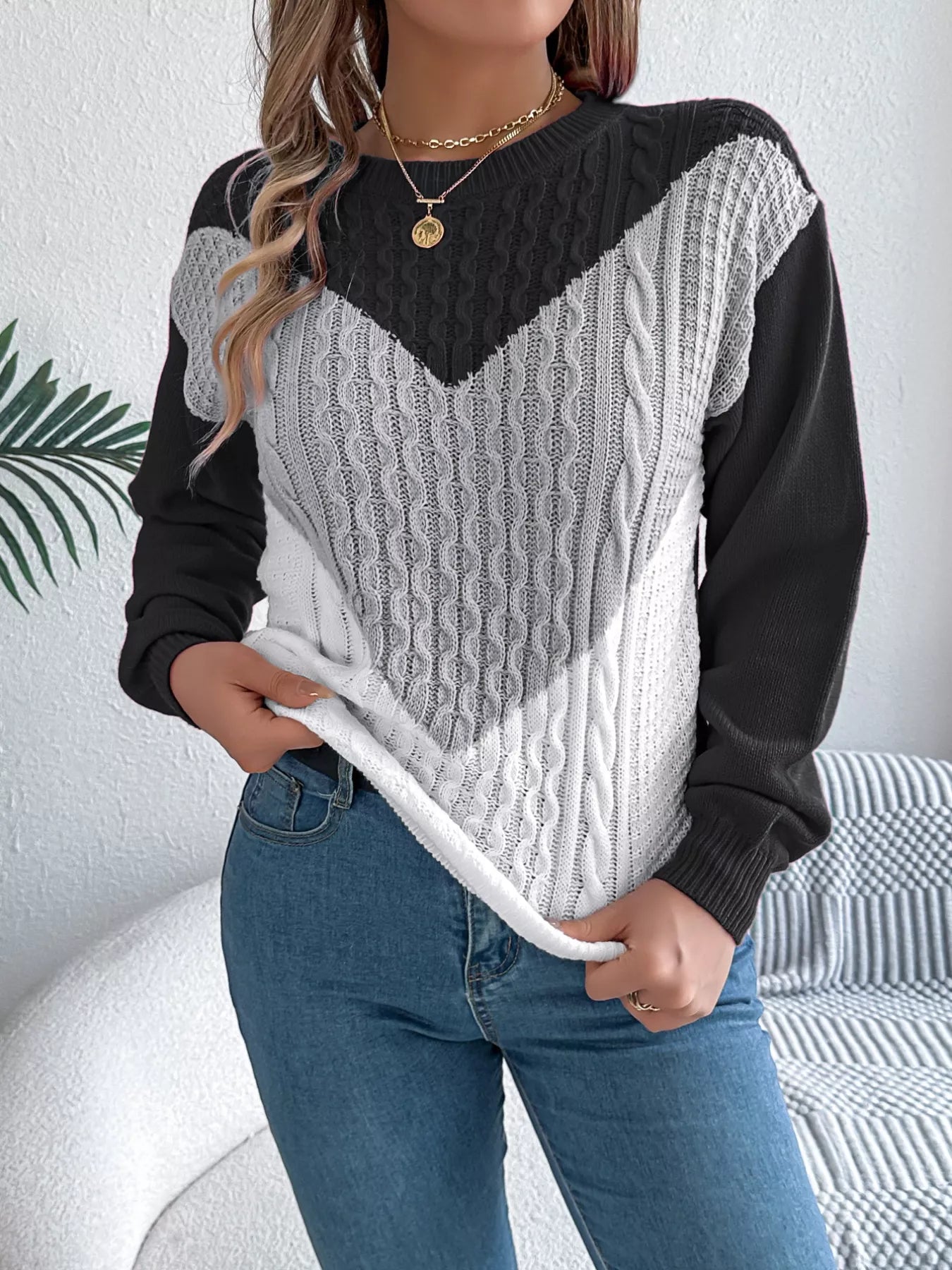 Color Block Cable Knit Sweater
