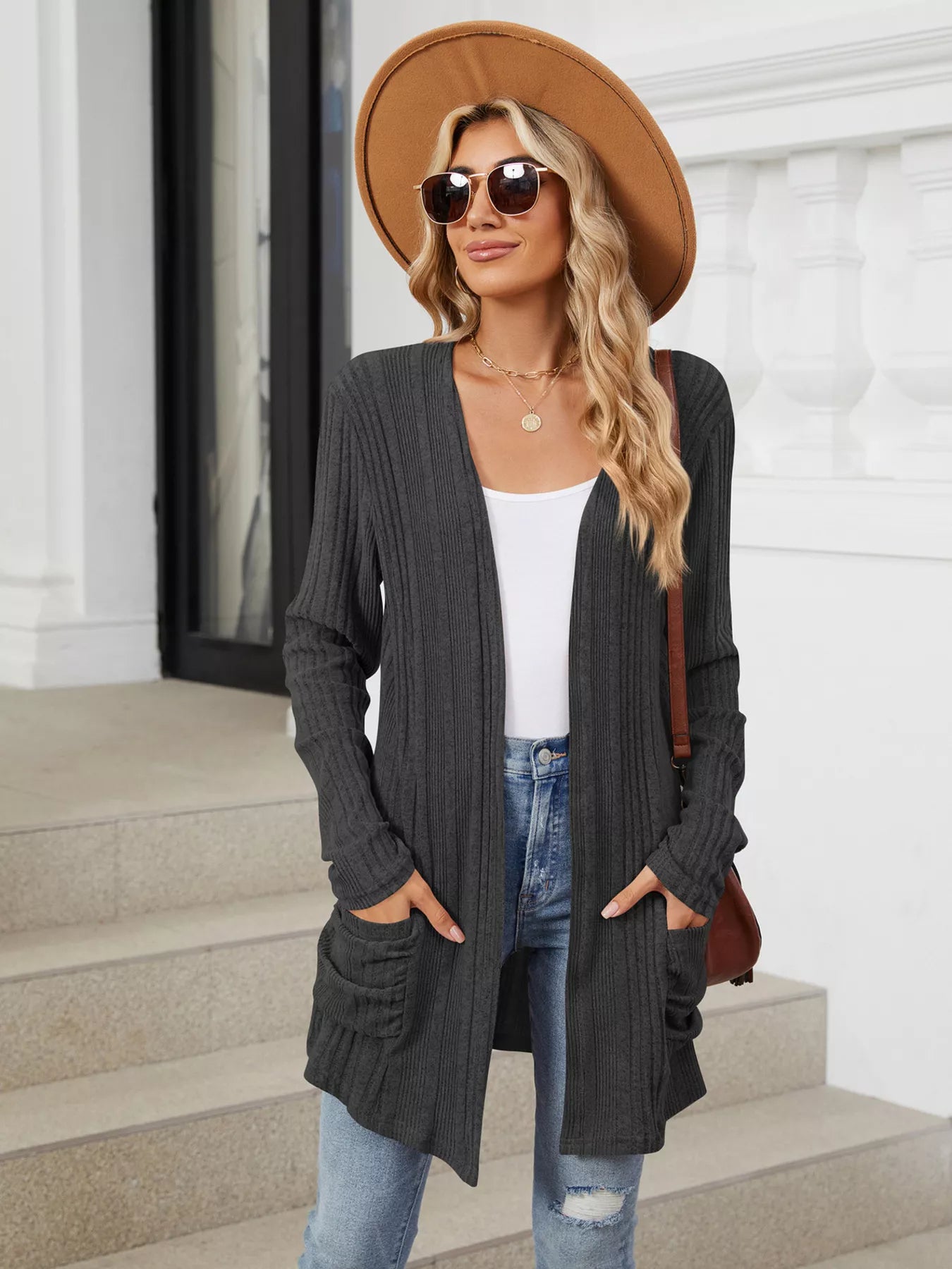 Open Front Long Cardigan Dark Gray