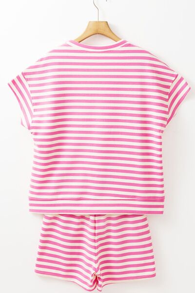 Striped Round Neck T-Shirt and Drawstring Shorts Set