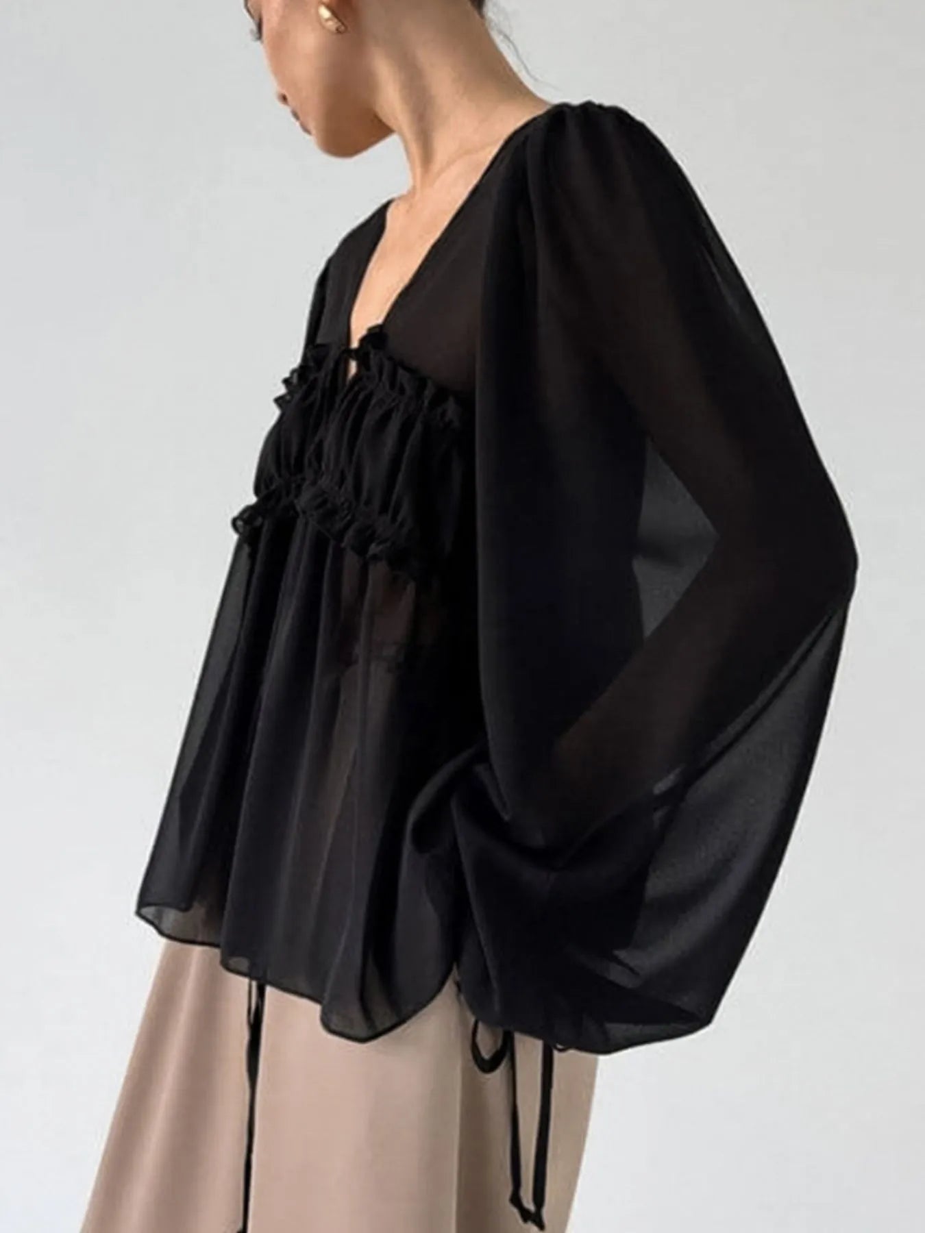 Ruffled Tie Front Long Sleeve Blouse