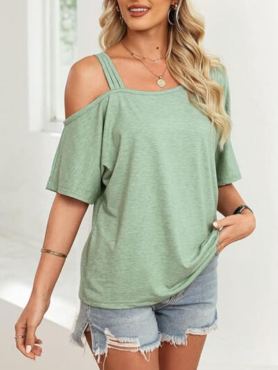 Asymmetrical Neck Half Sleeve T-Shirt Gum Leaf