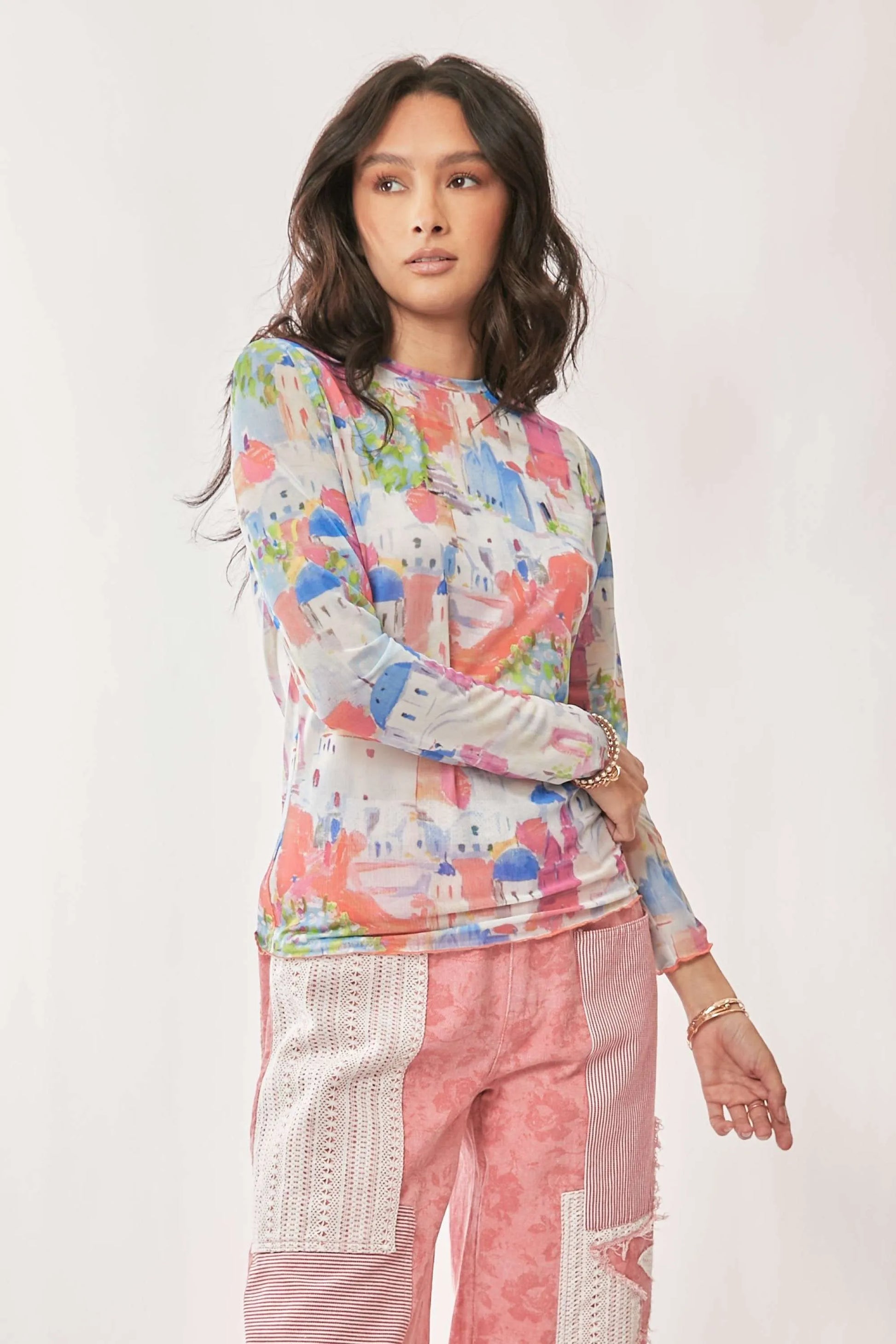 Davi & Dani Multi Printed Mesh Round Neck Long Sleeve Top