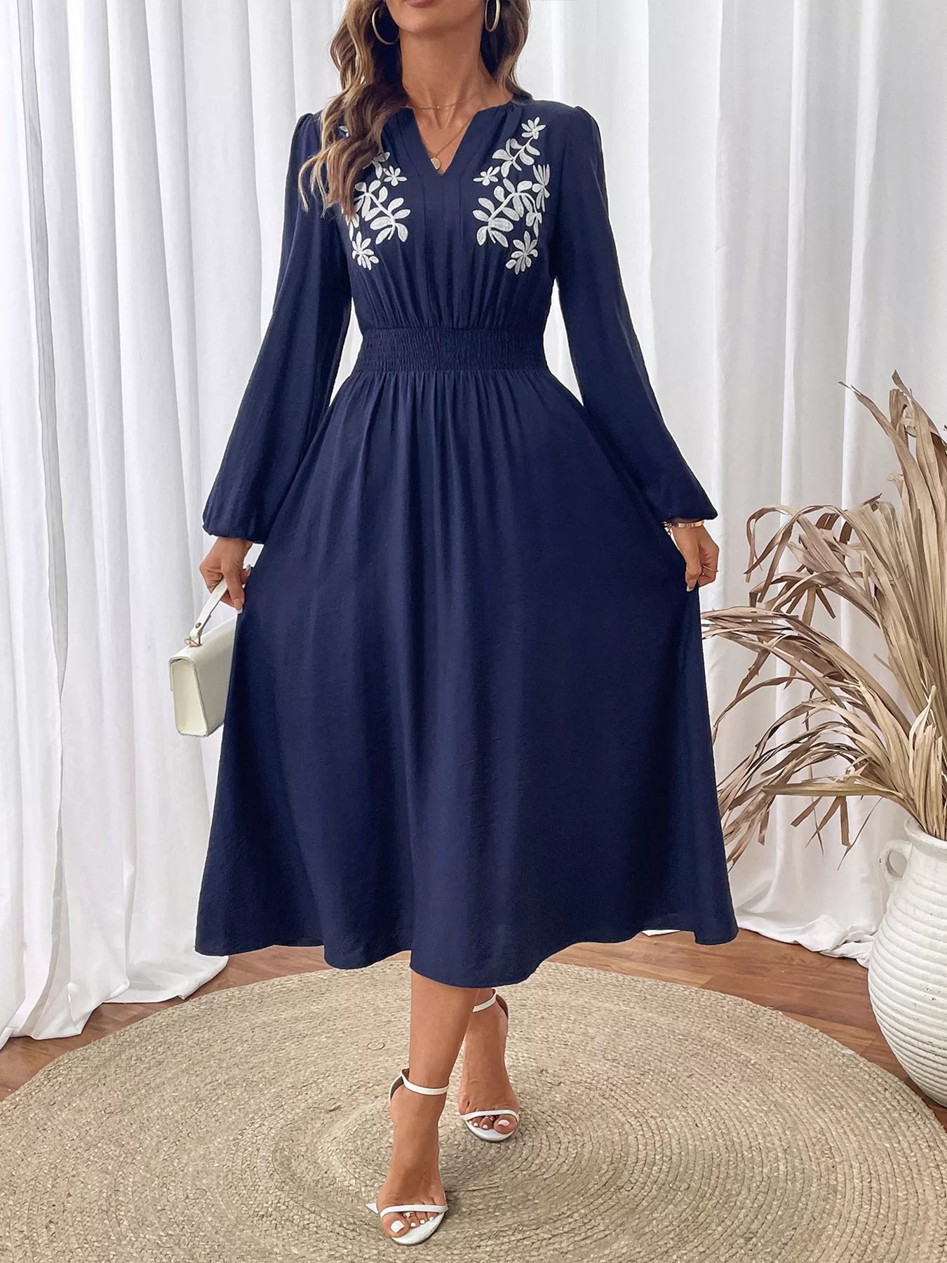 Embroidered Notched Long Sleeve Midi Dress