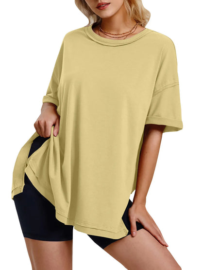 Full Size Oversized Drop Shoulder Side Slit T-Shirt Plus Size Yellow Green