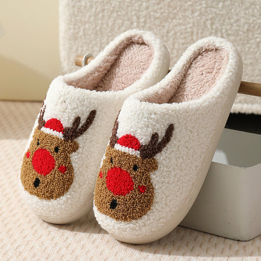 Christmas Cute Elk Pattern Cotton Slippers Indoor Home Plush Warm Slippers Red