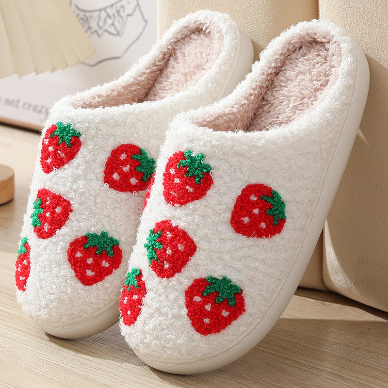 Strawberry Pattern Cotton Slippers Indoor Home Plush Warm Slippers White