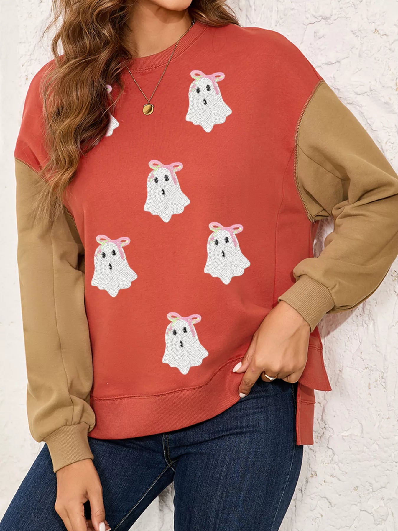 Halloween Glitter Ghost Patched Pattern Color Block Sweatshirt