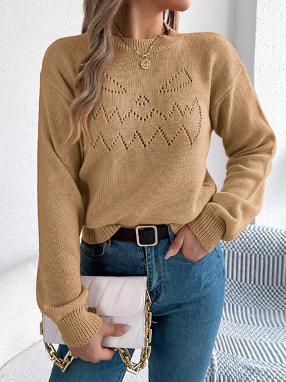 Openwork Round Neck Long Sleeve Sweater Khaki