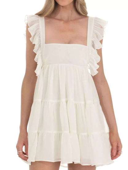 Ruffled Square Neck Tiered Dress Ivory White
