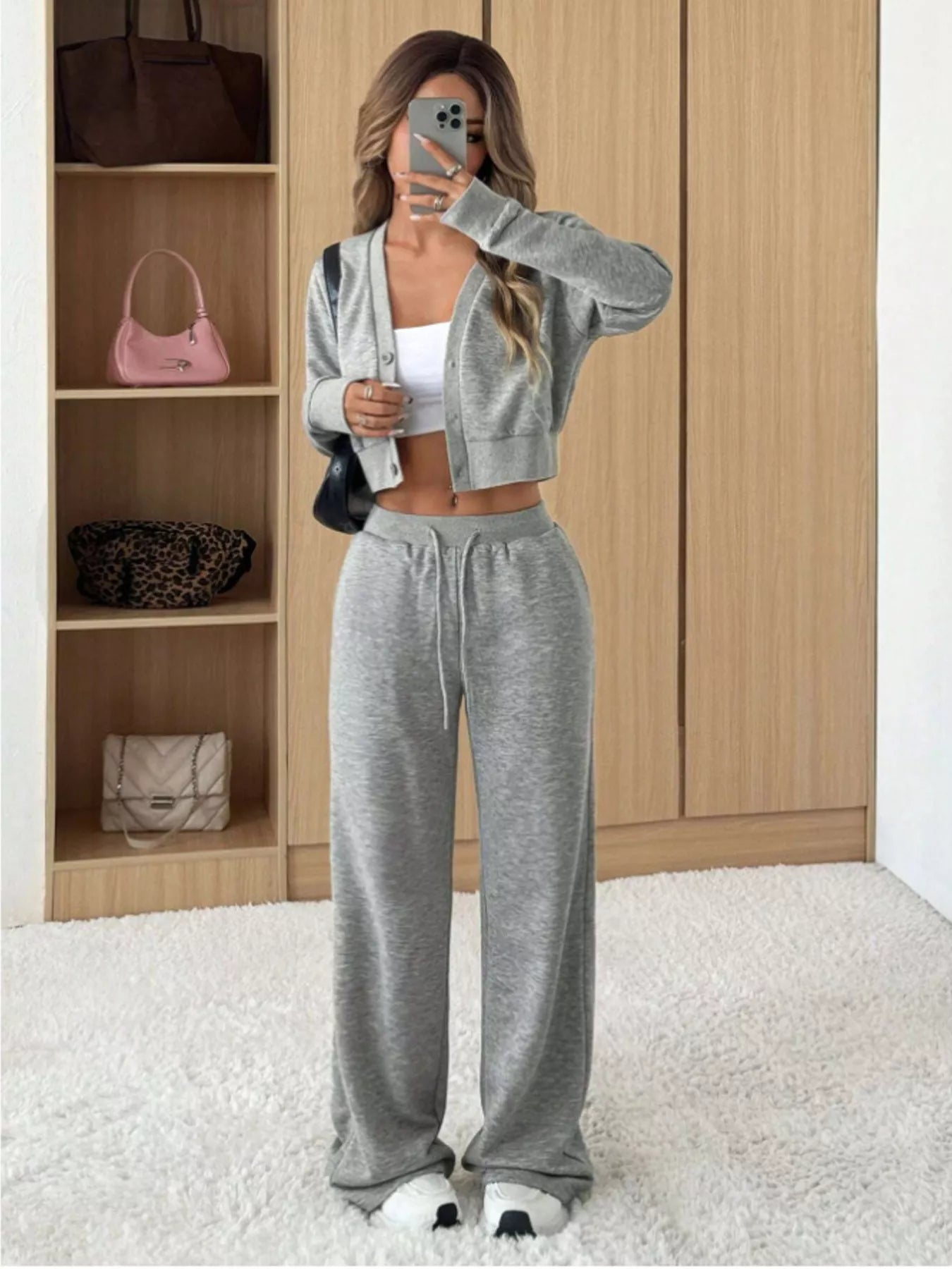Button Up Long Sleeve Top and Pants Set Gray