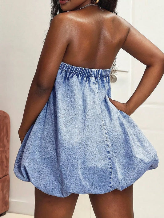 Tube Bubble Hem Denim Dress