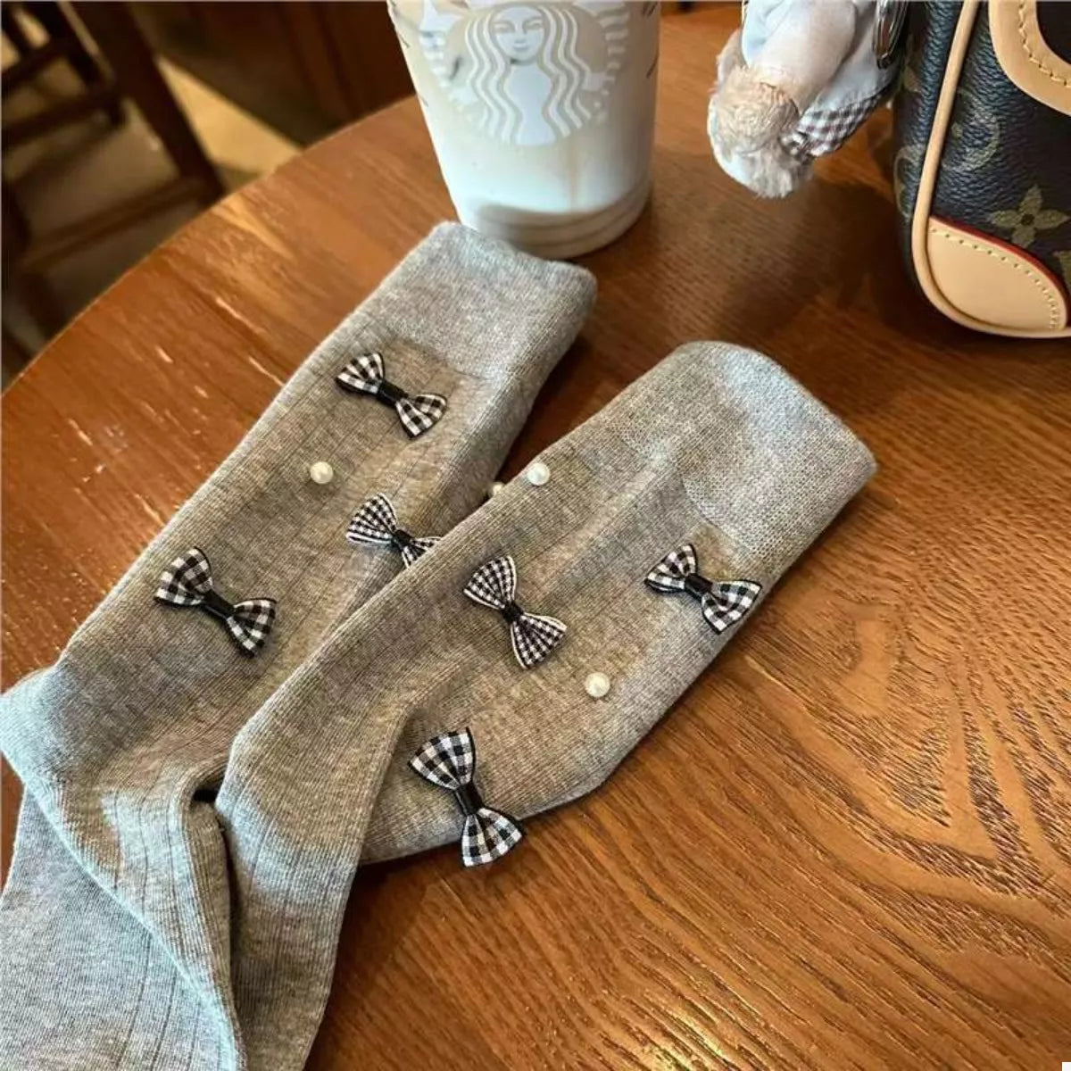 Pearl Detail Bow Crew Socks Light Gray One Size