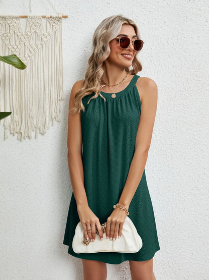 Round Neck Sleeveless Mini Dress Dark Green